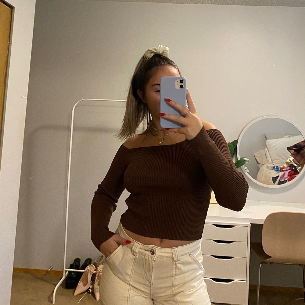 brown off the shoulder sweater